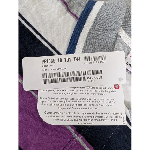 Lacoste Polo‎ Shirt Womens Large Gray Purple Stripe Pique Stretch Croc Logo New - Picture 2 of 8
